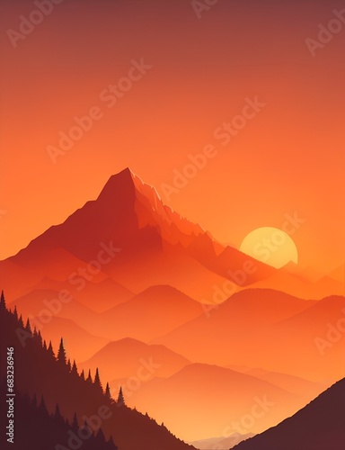 Misty mountains at sunset in orange tone, vertical composition 