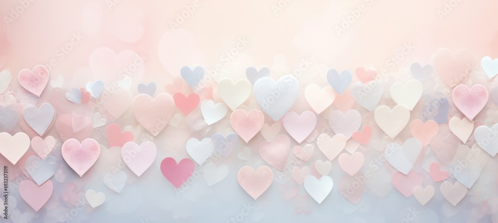 Many hearts are arranged on a pink and blue background. Generative AI.