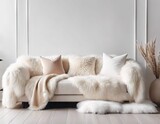 AI generated illustration of a cozy white, furred sofa with pillows