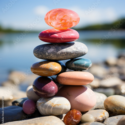 The pebble tower balances harmony stones on the sea beach. Relaxing peaceful spa tranquility concept