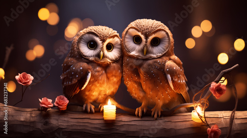 Two owls sitting on a branch with burning candles in the background.