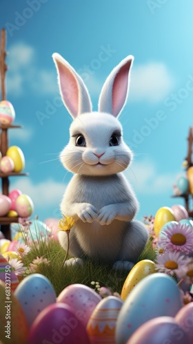 Whimsical bunny surrounded by flowers and Easter joy