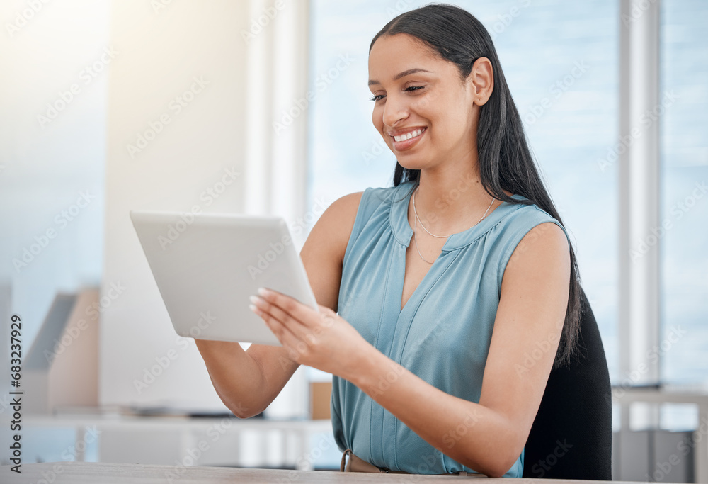 Happy business woman, tablet and office at desk for communication, social media or networking. Female person or employee smile on technology in online search, chatting or texting at workplace Happy business woman, tablet and office at desk for communication, social media or networking. Female person or employee smile on technology in online search, chatting or texting at workplace