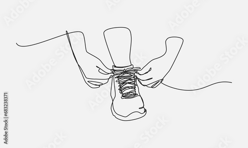 continuous line drawing of hand tying shoelaces. editable stroke. vector illustration.