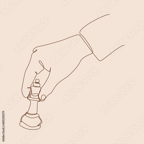 continuous line drawing of hand holding and moving chess piece. play chess. editable stroke. vector illustration.
