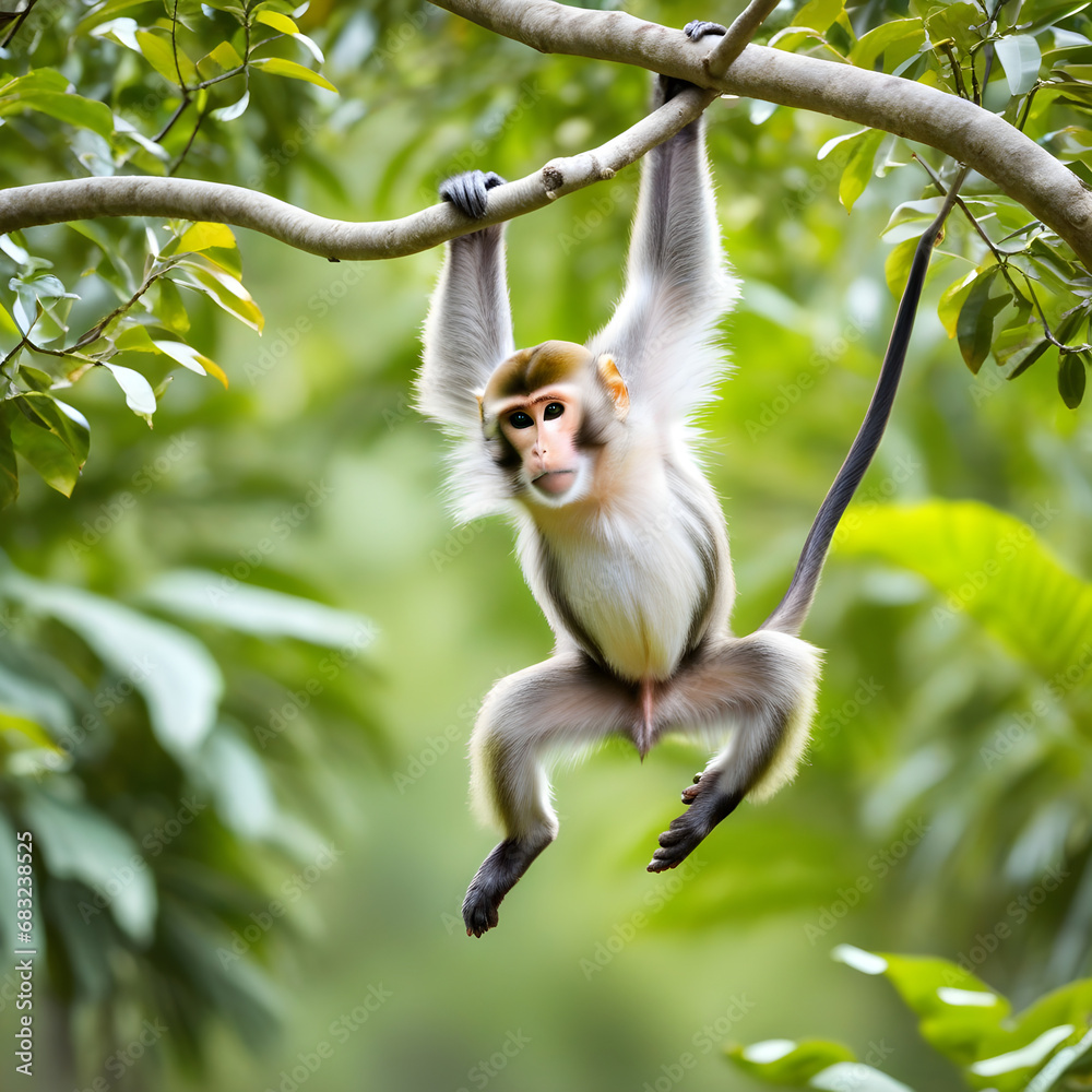 Fototapeta premium A playful monkey, its long tail gracefully draped from a tree branch