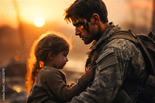 Soldier and child on sunset battlefield background. Military and rescue operation concept. No War