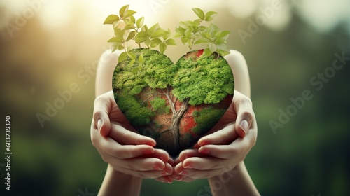  Earth Day, known as World Environment Day, is an environmentally friendly and ecological concept. Themes of saving the environment, restoring and protecting green nature On the globe, a heart-shaped 