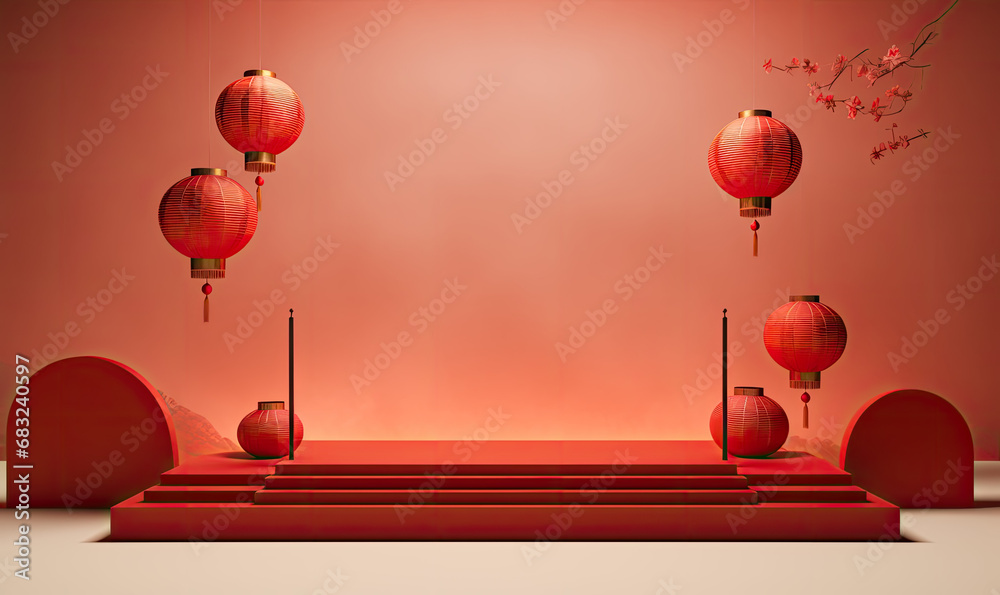 empty stage mockup for product display with chinese style - obrazy, fototapety, plakaty 
