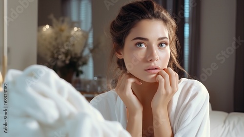 Young Girl in White Terry Robe with Her Morning Beauty Routine. Woman Looking at Herself in the Mirror