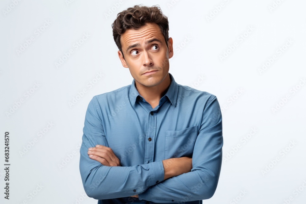 Contemplative Young Man in Blue Shirt on White Background Contemplative Young Man in Blue Shirt on White Background