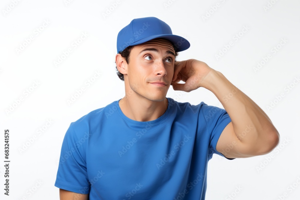 Contemplative Young Man in Blue Shirt on White Background Contemplative Young Man in Blue Shirt on White Background