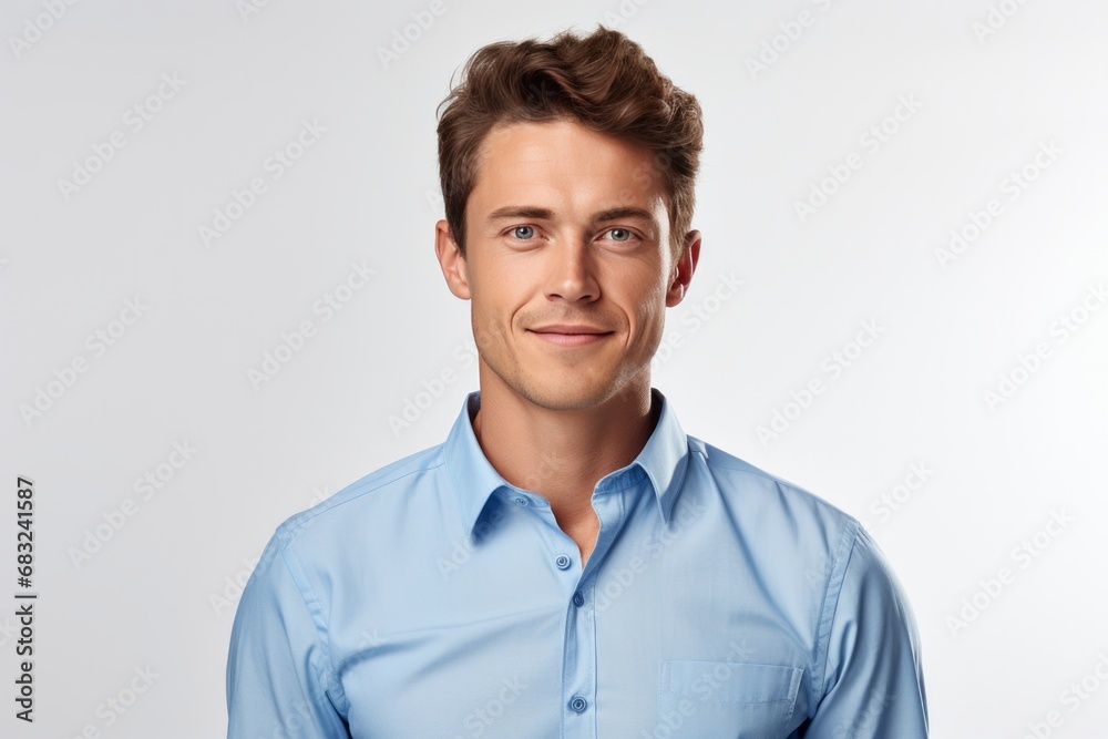 Contemplative Young Man in Blue Shirt on White Background Contemplative Young Man in Blue Shirt on White Background