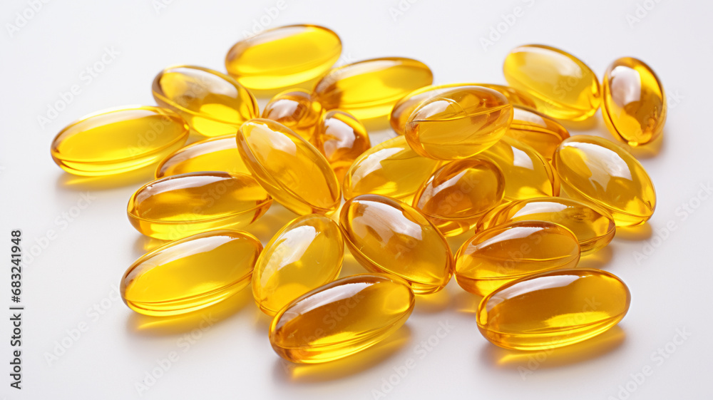 Cod liver oil pills on white background, AI Generative. Cod liver oil pills on white background, AI Generative.