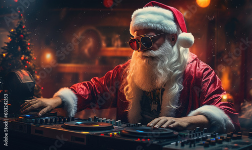 illustration Santa Claus as a crazy synthwave DJ