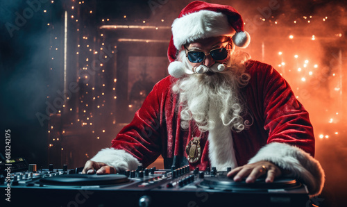 illustration Santa Claus as a crazy synthwave DJ