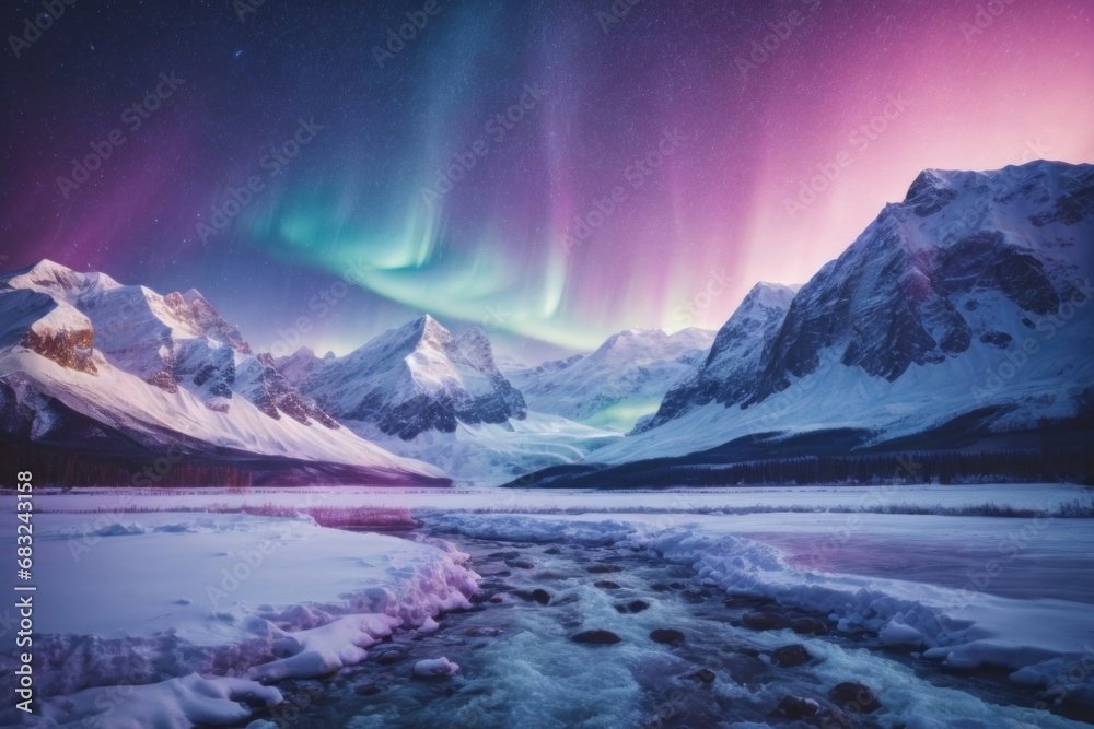 Aurora, Beautiful northern lights in pink and blue colors.