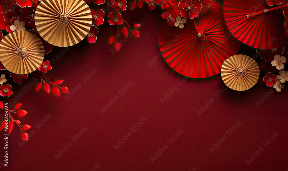 chinese lanterns with fan background on a red ,gold background
