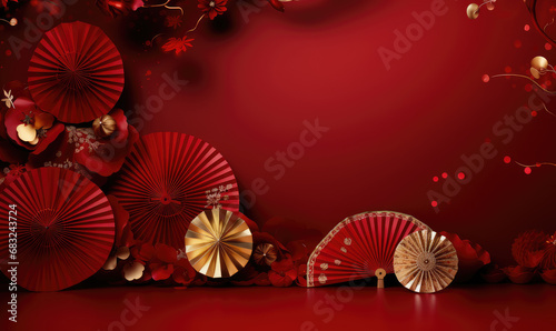 chinese lanterns with fan background on a red  gold background