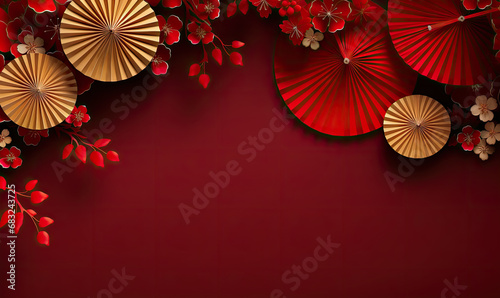 chinese lanterns with fan background on a red  gold background