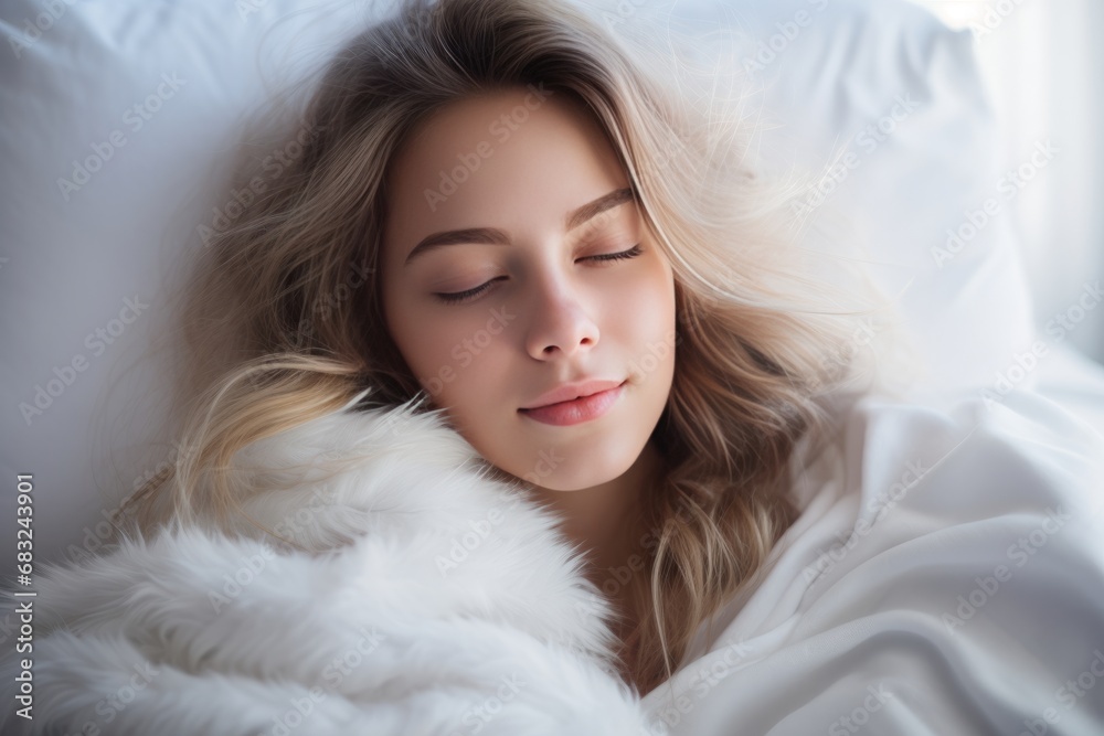 Serene Slumber: Beautiful Young Woman Sleeping in Bed with White Linens Serene Slumber: Beautiful Young Woman Sleeping in Bed with White Linens