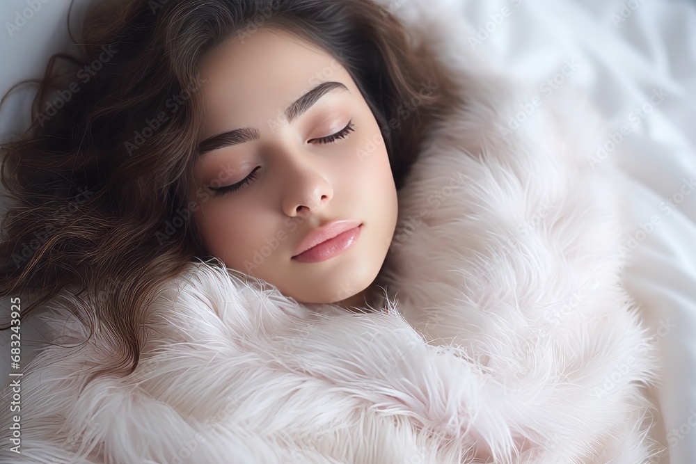 Serene Slumber: Beautiful Young Woman Sleeping in Bed with White Linens Serene Slumber: Beautiful Young Woman Sleeping in Bed with White Linens