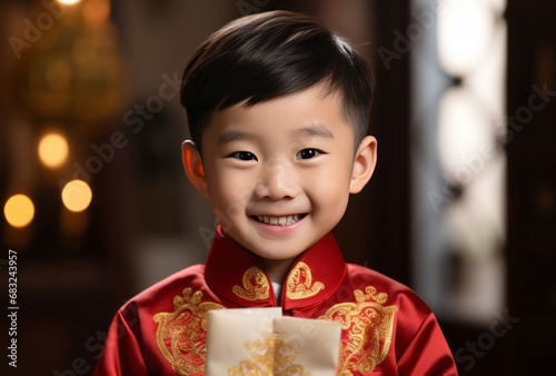 Cultural Grace: Young Child in Traditional Chinese Attire with a Red Lantern