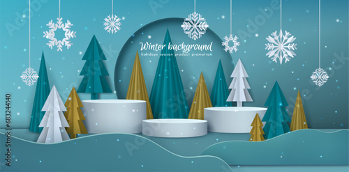 Winter background. Holidays season product promotion. Sale banner, 3d podium with snow and snowflakes, empty platforms, presentation showcases. Paper origami trees. Vector landscape, exact poster