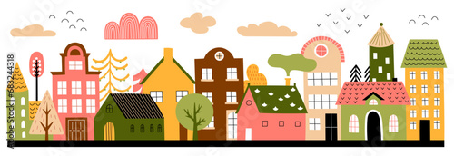 City street. Town home buildings with small trees. Cartoon estate exterior. Cute old childish Scandinavian or Swedish border. Urban landscape. Residential architecture. Vector flat style illustration photo