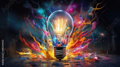 A bulb-shaped lamp shining brightly in an explosion of colorful inspiration ultra realistic illustration - Generative AI.