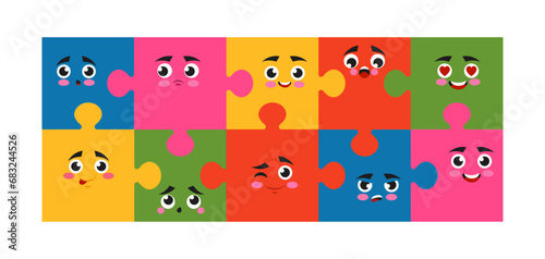 Abstract puzzles. Cartoon face emotions, cute happy doodle people, head and shape of laugh persons. Teamwork symbol. Jigsaw isolated color pieces. Comic facial expressions. Vector tidy illustration