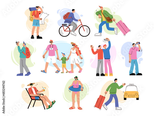 Travel persons. Summer tourism. People walk with baggage. Tourist family characters. Beach rest. Photo camera. Woman on bicycle. Man hurrying with luggage. Taxi order. Hiking map. Vector travelers set