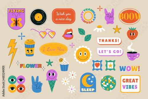 Y2k stickers. Retro labels. Humorous emoticons. Bright abstract shapes. Funny faces. Hands gesture. Positive motivational lettering. Happy coffee cup. Modern garish artwork. Cool patches vector set