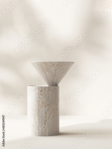 Close up modern cone white marble side table podium in sunlight, leaf shadow on beige wall. Luxury cosmetic, skincare, beauty, body, hair care, treatment, fashion product display background 3D