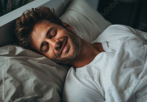 Serene Slumber: Man Resting Peacefully in a White Bed