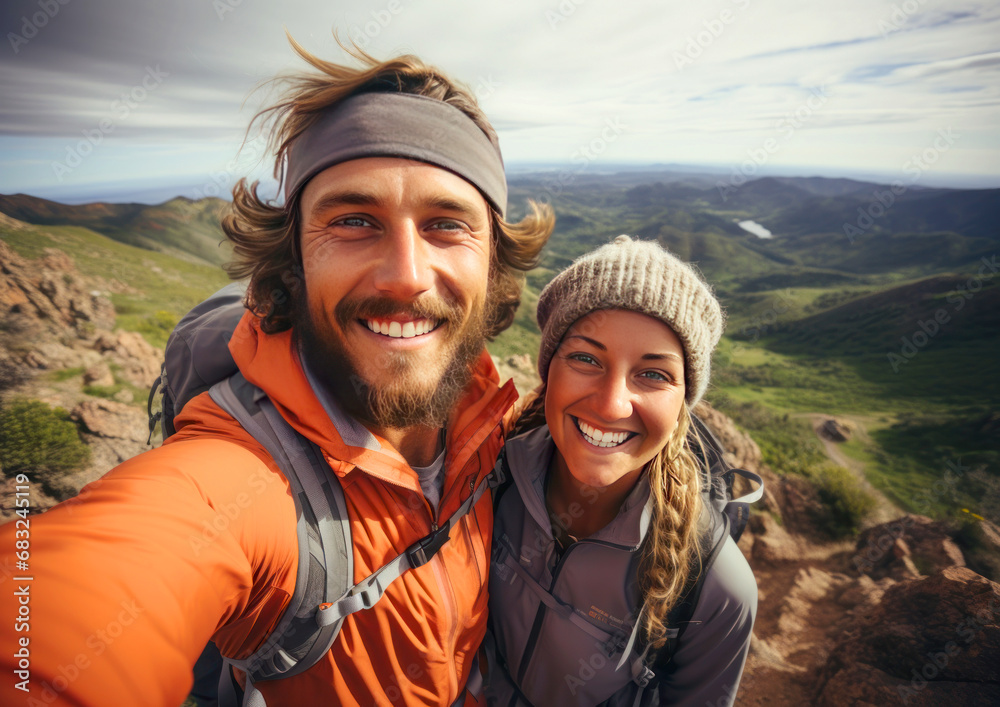 happy laughing couple taking selfie while hiking in the mountains