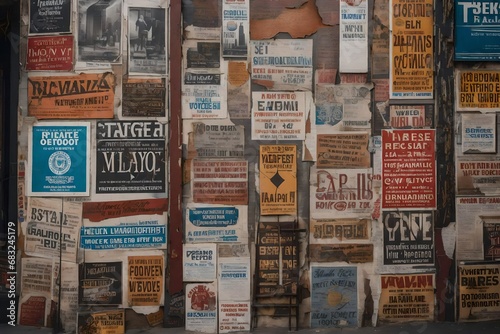  image of a New York City wall with fictional old gig posters at different angles plastered all over it. The posters are old and worn and ripped and distressed photo