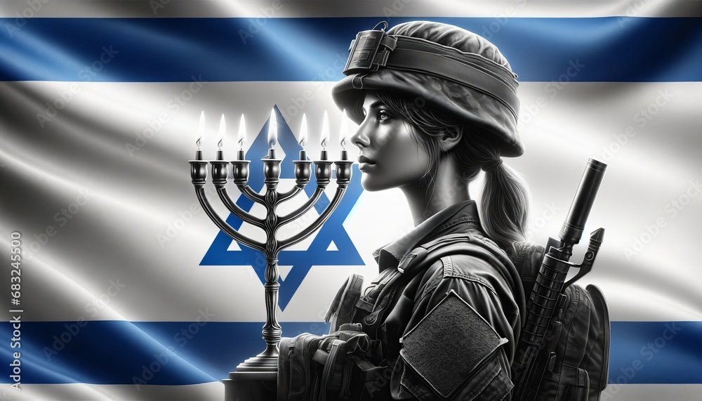 Generative AI image of image of a beautiful Israeli woman soldier on an