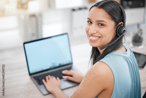 Call center laptop screen, portrait and happy woman in business ecommerce, bank CRM administration or customer support. Help desk receptionist, online outsourcing UI and mockup lead generation space