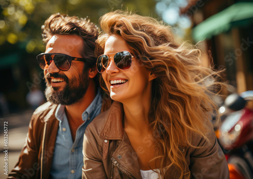  Young couple in sunglasses walking through city streetst