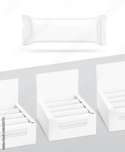 Show box blank mockup with set of  sachet packaging or flow pack in the  food, cosmetic and hygiene. Vector illustration on white background. Ready for your design. EPS10.