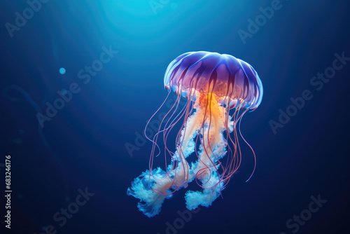 A jellyfish floating in the water with a blue background photo