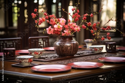 Opulent Dining  Elaborate Table Setting with Decorative Pieces and Red Flowers