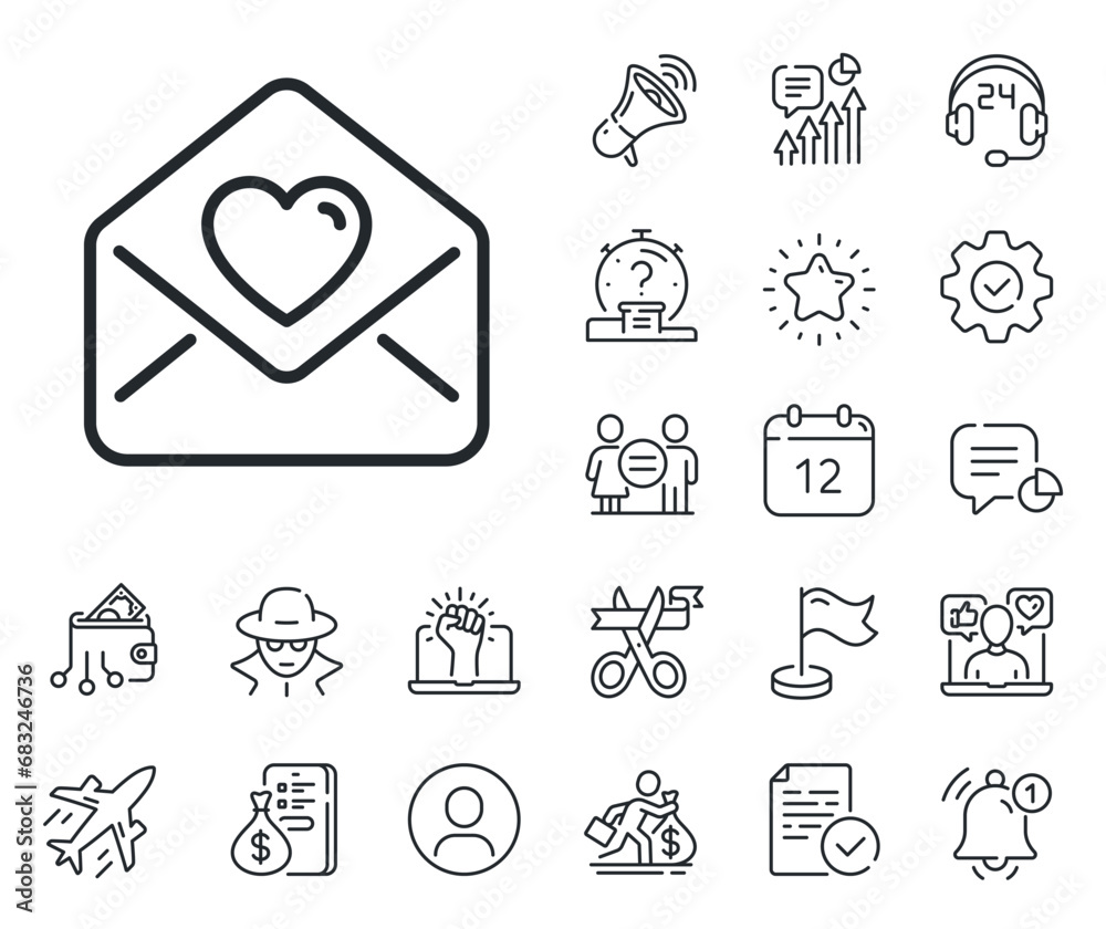 Heart mail sign. Salaryman, gender equality and alert bell outline icons. Love letter line icon. Valentine day symbol. Love letter line sign. Spy or profile placeholder icon. Vector