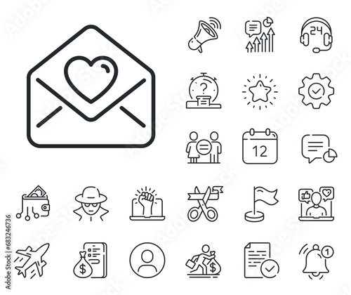 Heart mail sign. Salaryman, gender equality and alert bell outline icons. Love letter line icon. Valentine day symbol. Love letter line sign. Spy or profile placeholder icon. Vector