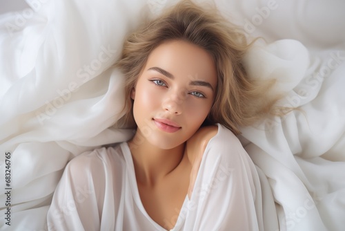 Serene Slumber: Beautiful Young Woman Sleeping in White Bed at Home © Mike