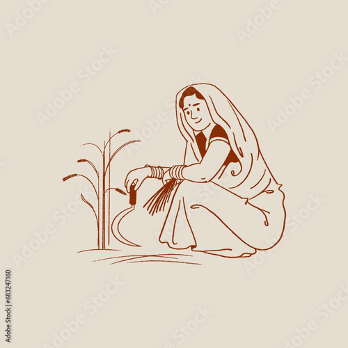 Indian woman working in farm field vector, hand-drawn illustration