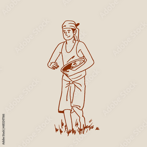 Indian farmer working in farm sketch, hand drawn, vector, illustration.