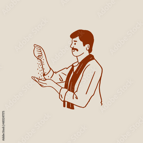 Indian farmer working in farm sketch, hand drawn, vector, illustration.