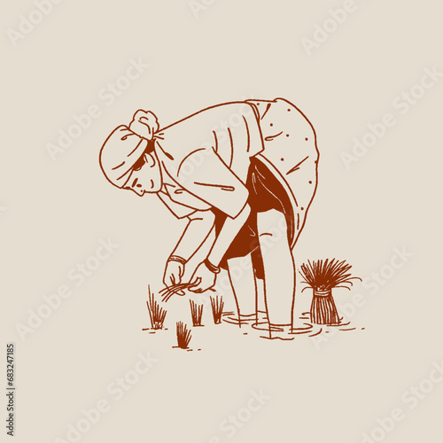 Indian woman working in farm field sketch, vector, hand-drawn illustration